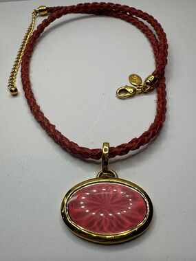 Joan Rivers Red Leather Gold Oval Pendant And Hardware Necklace